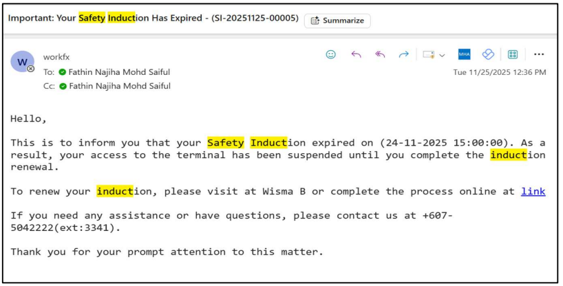 Safety Induction Renewal Email