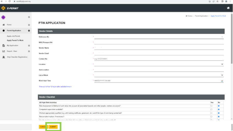 PTW Application Form